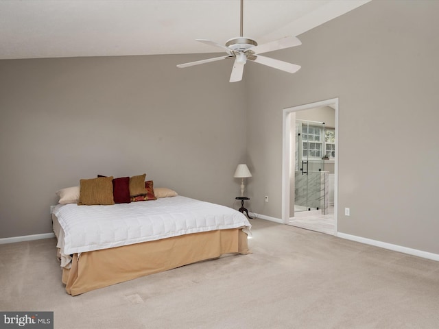 bedroom with ensuite bath, baseboards, ceiling fan, and light colored carpet