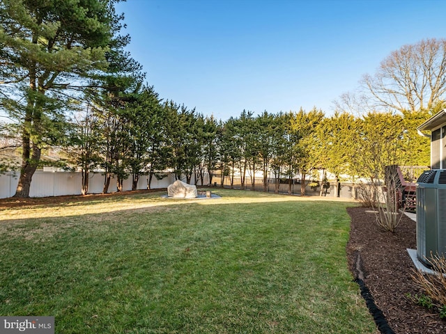 view of yard featuring a fenced backyard and central AC unit