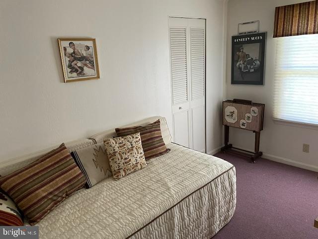 carpeted bedroom featuring baseboards and a closet