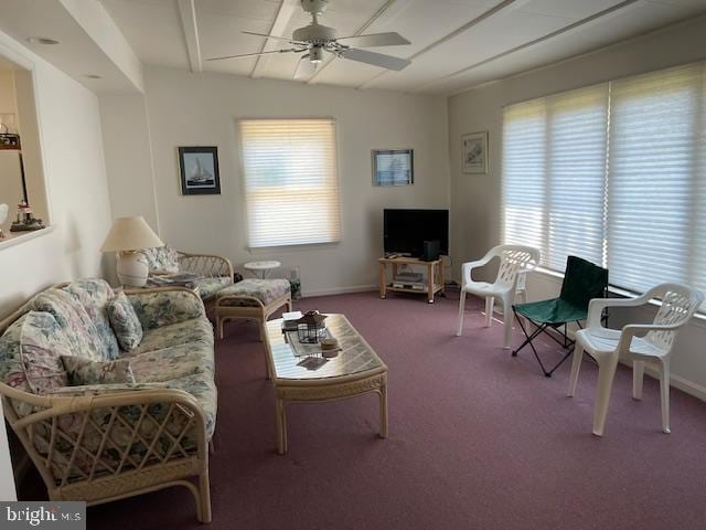 living area with ceiling fan and carpet floors