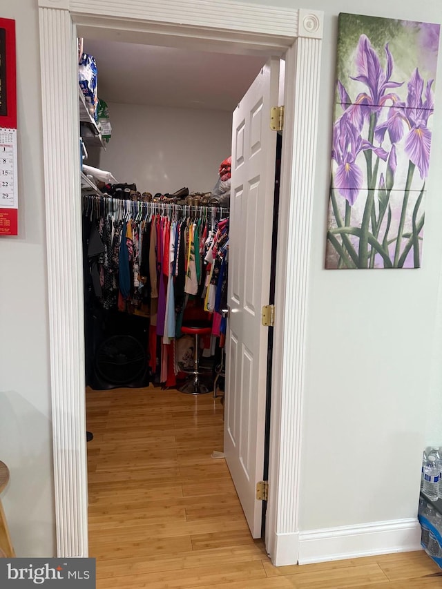 walk in closet with light wood finished floors