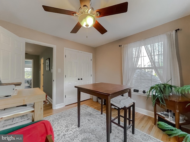 office area featuring a healthy amount of sunlight, light wood-type flooring, baseboards, and ceiling fan