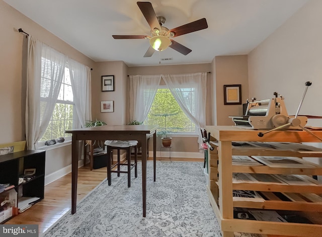 office space featuring ceiling fan, visible vents, baseboards, and wood finished floors