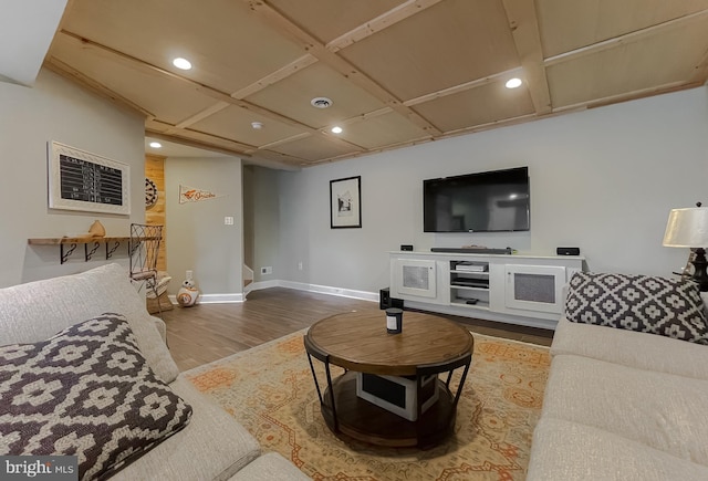 living area with recessed lighting, wood finished floors, and baseboards