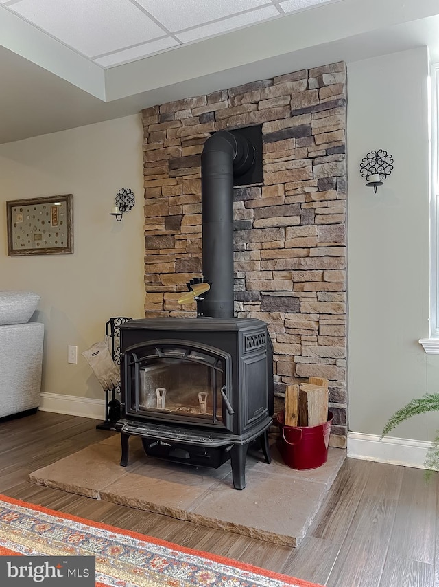 details featuring a wood stove, baseboards, and wood finished floors