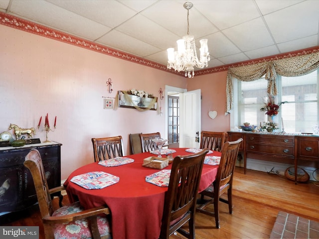 dining area featuring wood finished floors, a paneled ceiling, and an inviting chandelier