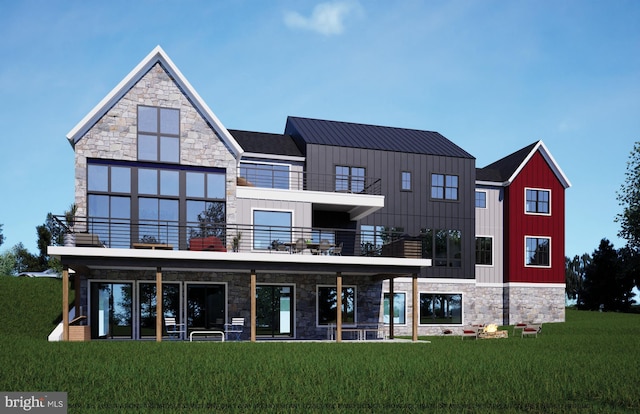 back of property featuring a balcony, a lawn, and board and batten siding