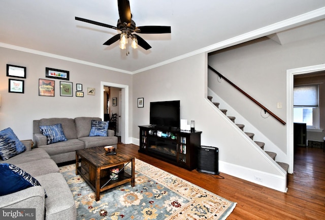 living area featuring ceiling fan, wood finished floors, baseboards, stairway, and crown molding