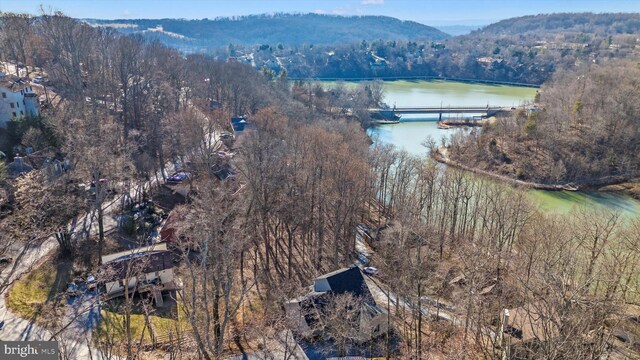 bird's eye view with a forest view and a water view