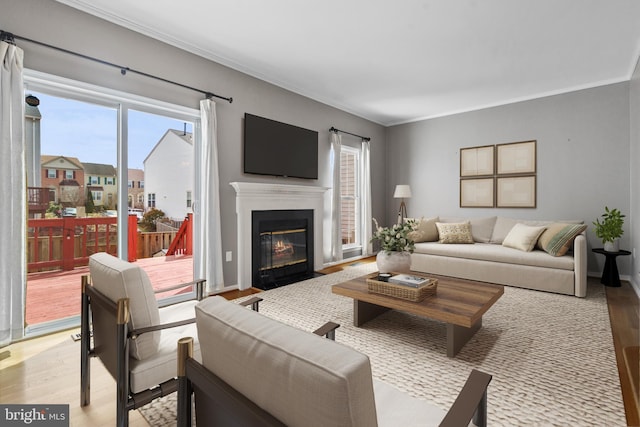 living area featuring light wood finished floors, a fireplace with flush hearth, crown molding, and baseboards