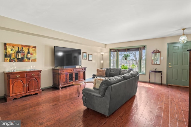 living room featuring baseboards and dark wood-type flooring