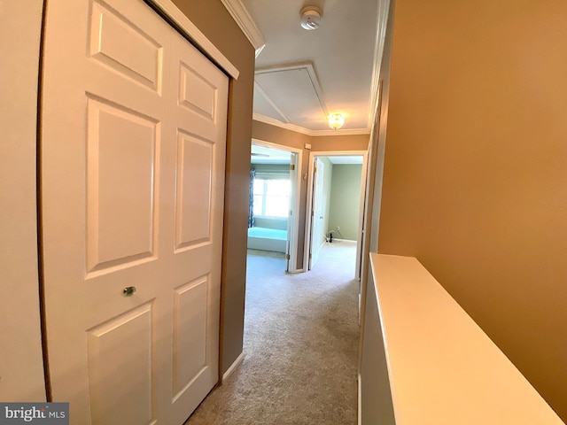 corridor featuring carpet, ornamental molding, and an upstairs landing