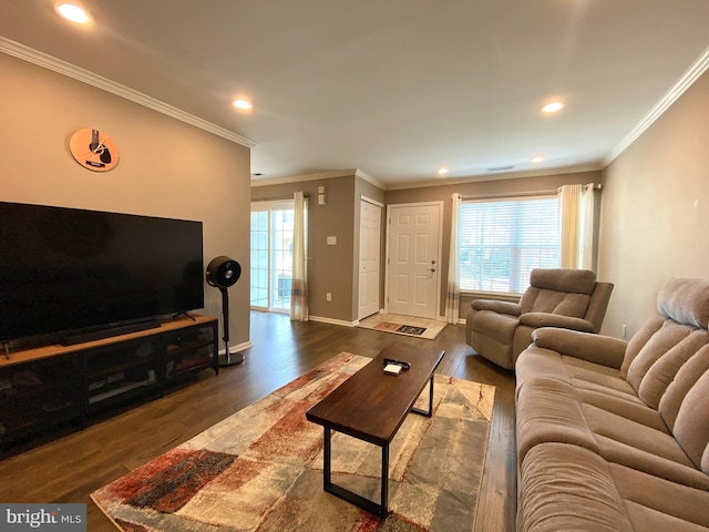 living room with ornamental molding, plenty of natural light, and wood finished floors