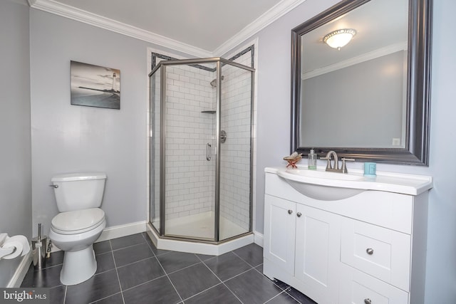 bathroom featuring baseboards, toilet, ornamental molding, tile patterned flooring, and a shower stall