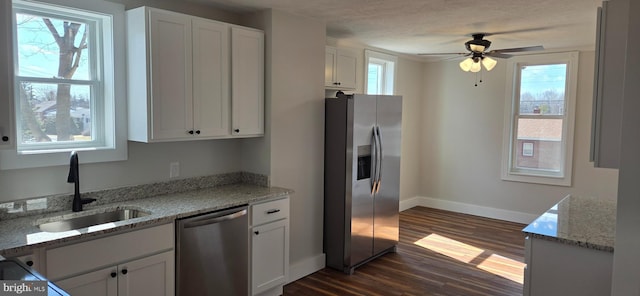 kitchen with a sink, dark wood-style floors, white cabinetry, and stainless steel appliances