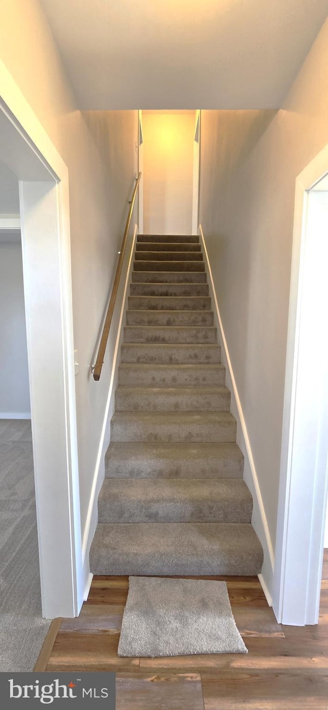 staircase featuring wood finished floors and baseboards