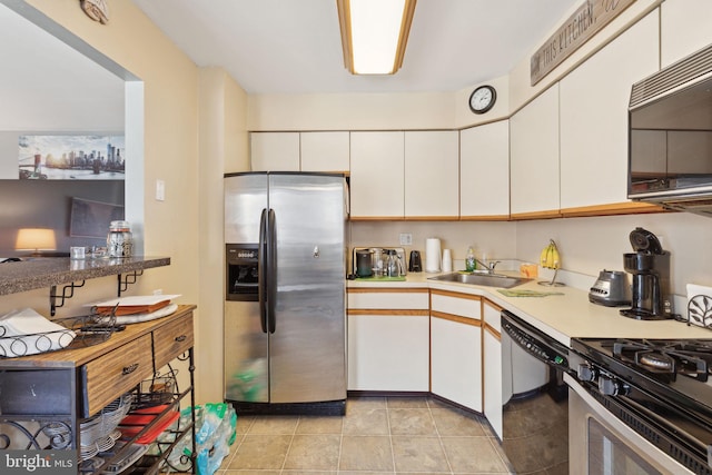 kitchen with white cabinets, black dishwasher, stainless steel fridge with ice dispenser, and a sink