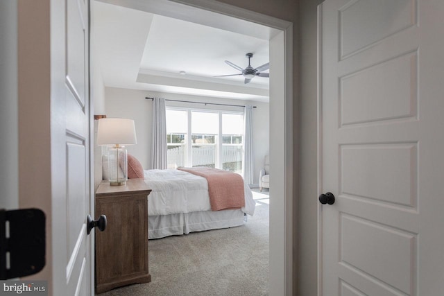 bedroom with ceiling fan, a tray ceiling, and carpet