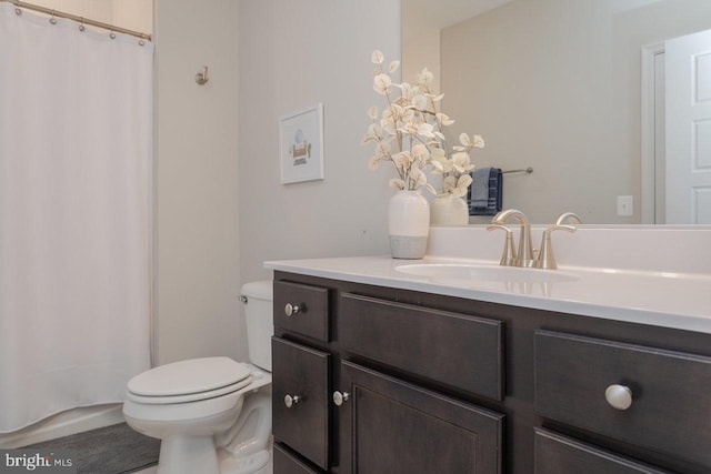 full bathroom featuring vanity, toilet, and a shower with curtain