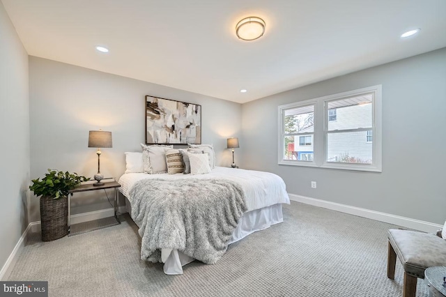 carpeted bedroom with baseboards and recessed lighting