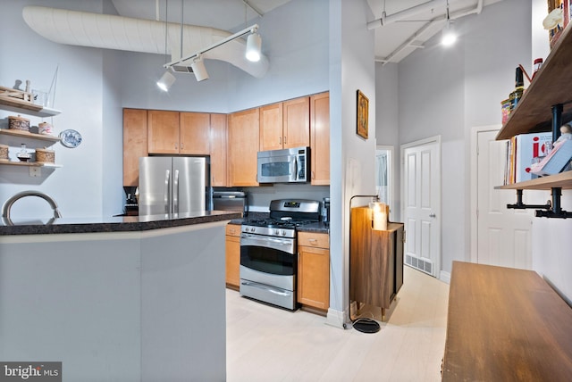 kitchen featuring a high ceiling, a sink, appliances with stainless steel finishes, open shelves, and track lighting