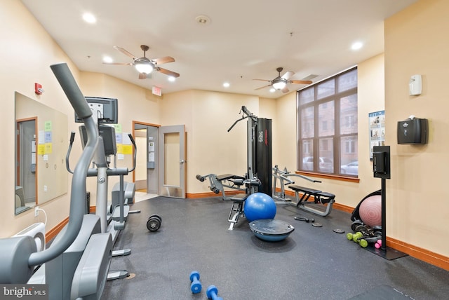 exercise room featuring recessed lighting, ceiling fan, and baseboards