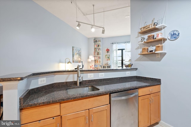 kitchen featuring dark stone countertops, a sink, stainless steel dishwasher, and open shelves