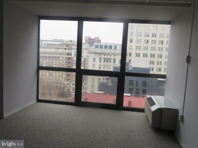 carpeted empty room with expansive windows, a city view, and baseboards