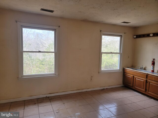 interior space with plenty of natural light, visible vents, and a textured ceiling