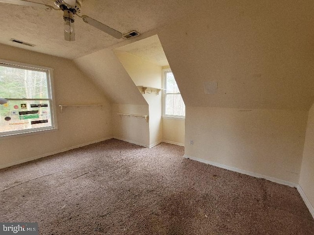 additional living space with lofted ceiling, visible vents, carpet floors, and a textured ceiling