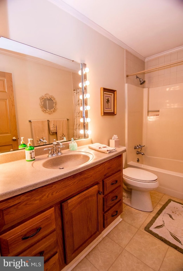 full bath featuring vanity, ornamental molding, shower / bath combo with shower curtain, tile patterned floors, and toilet