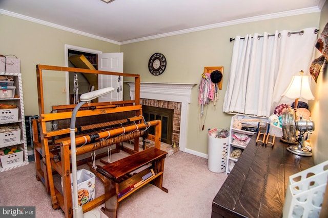 carpeted bedroom with a fireplace, baseboards, and ornamental molding