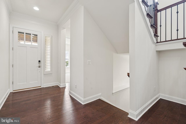 114 Cloak Ln, Lake Frederick, VA 22630 - entrance foyer with hardwood / wood-style flooring, baseboards, recessed lighting, stairway, and crown molding