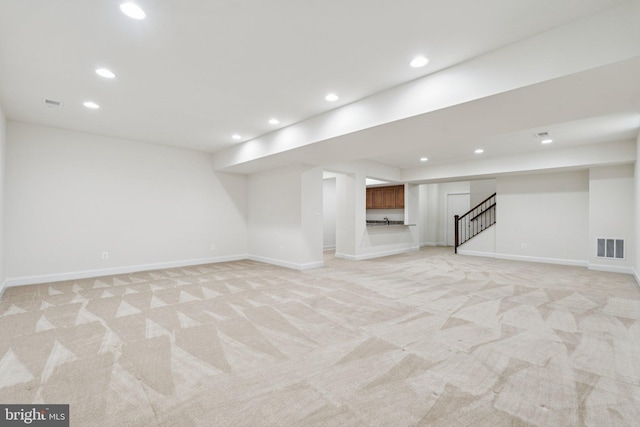 114 Cloak Ln, Lake Frederick, VA 22630 - finished basement featuring light carpet, recessed lighting, stairway, and baseboards