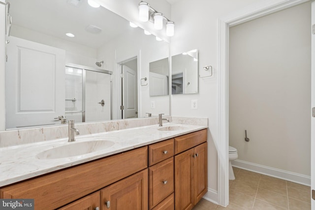 114 Cloak Ln, Lake Frederick, VA 22630 - full bath featuring double vanity, tile patterned flooring, a shower stall, toilet, and baseboards