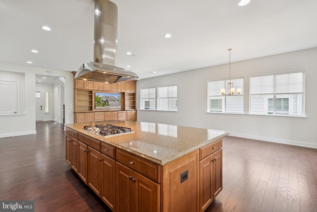 114 Cloak Ln, Lake Frederick, VA 22630 - kitchen featuring stainless steel gas stovetop, island exhaust hood, dark wood-style floors, baseboards, and light stone countertops