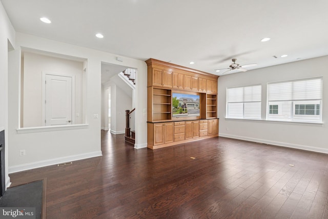 114 Cloak Ln, Lake Frederick, VA 22630 - unfurnished living room featuring stairs, ceiling fan, dark wood-style floors, recessed lighting, and baseboards