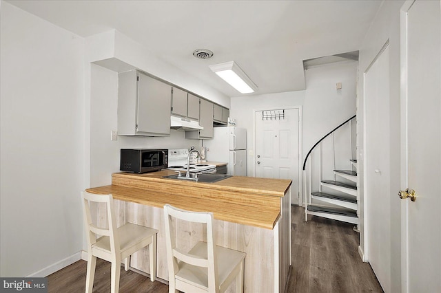 kitchen with stainless steel microwave, visible vents, under cabinet range hood, freestanding refrigerator, and a sink