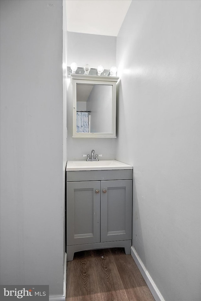 bathroom featuring vanity, baseboards, and wood finished floors