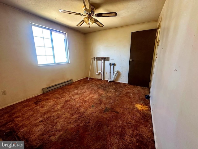 unfurnished room with a textured ceiling, a baseboard radiator, carpet flooring, and a ceiling fan