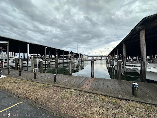 view of dock with a water view