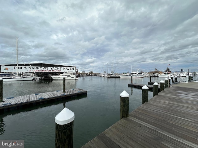 view of dock with a water view