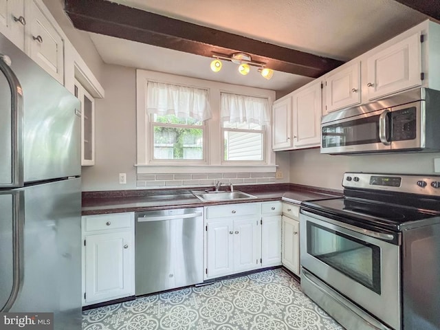 6 Washington Ave, Norristown, PA 19403 - kitchen featuring stainless steel appliances, dark countertops, a sink, white cabinets, and beamed ceiling
