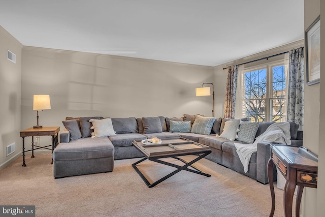 carpeted living area featuring visible vents and ornamental molding