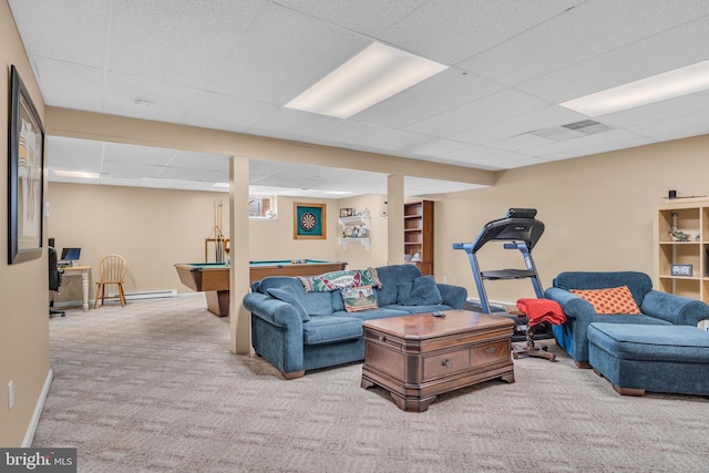 carpeted living room featuring billiards, baseboards, a drop ceiling, and a baseboard radiator