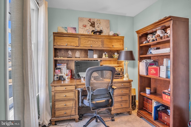 home office with light colored carpet