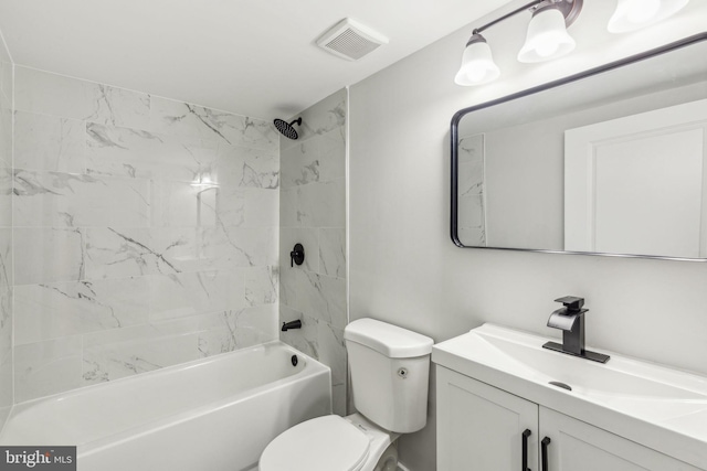 bathroom featuring visible vents, shower / bathtub combination, toilet, and vanity