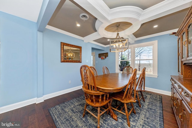 dining room with crown molding, a notable chandelier, dark wood-style floors, and baseboards