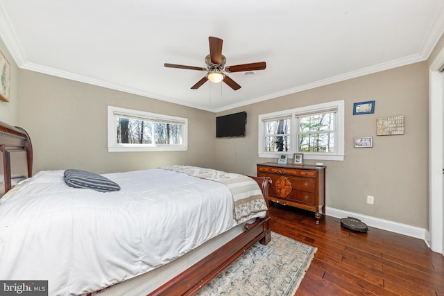 bedroom with baseboards, multiple windows, dark wood-style floors, and ornamental molding