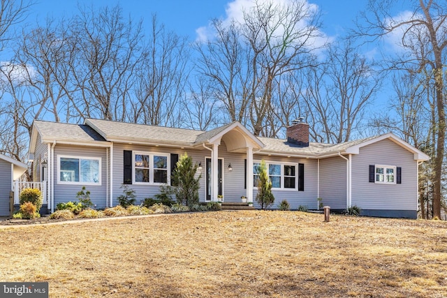 single story home featuring roof with shingles and a chimney